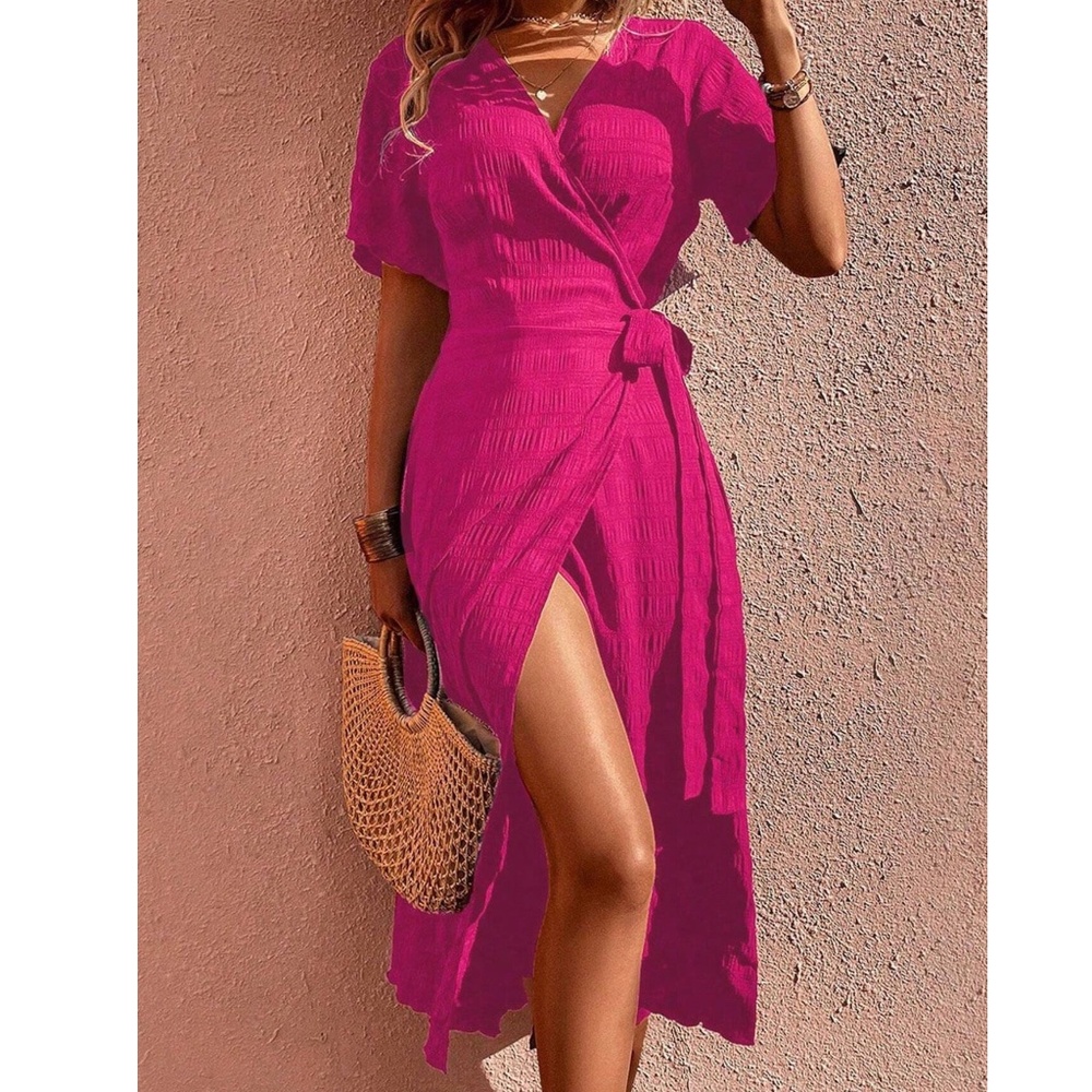 Classic Textured Batwing Sleeve Wrap Midi Dress